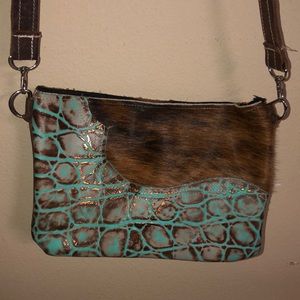 Cowhide/ leather purse Turquoise and brown